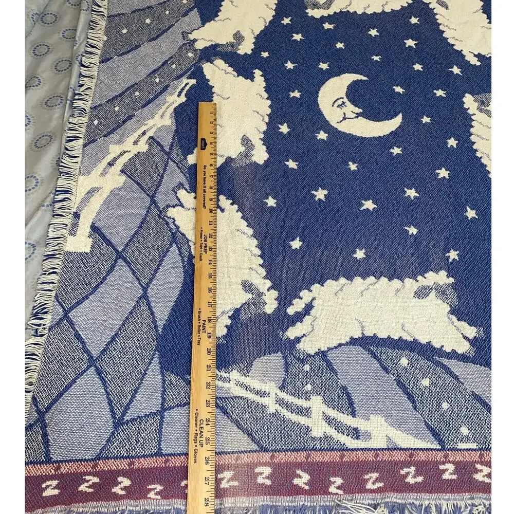 Vintage Woven Throw Blanket Baby Sleep Moon Counting Sheep Fringe 54x43 Afghan